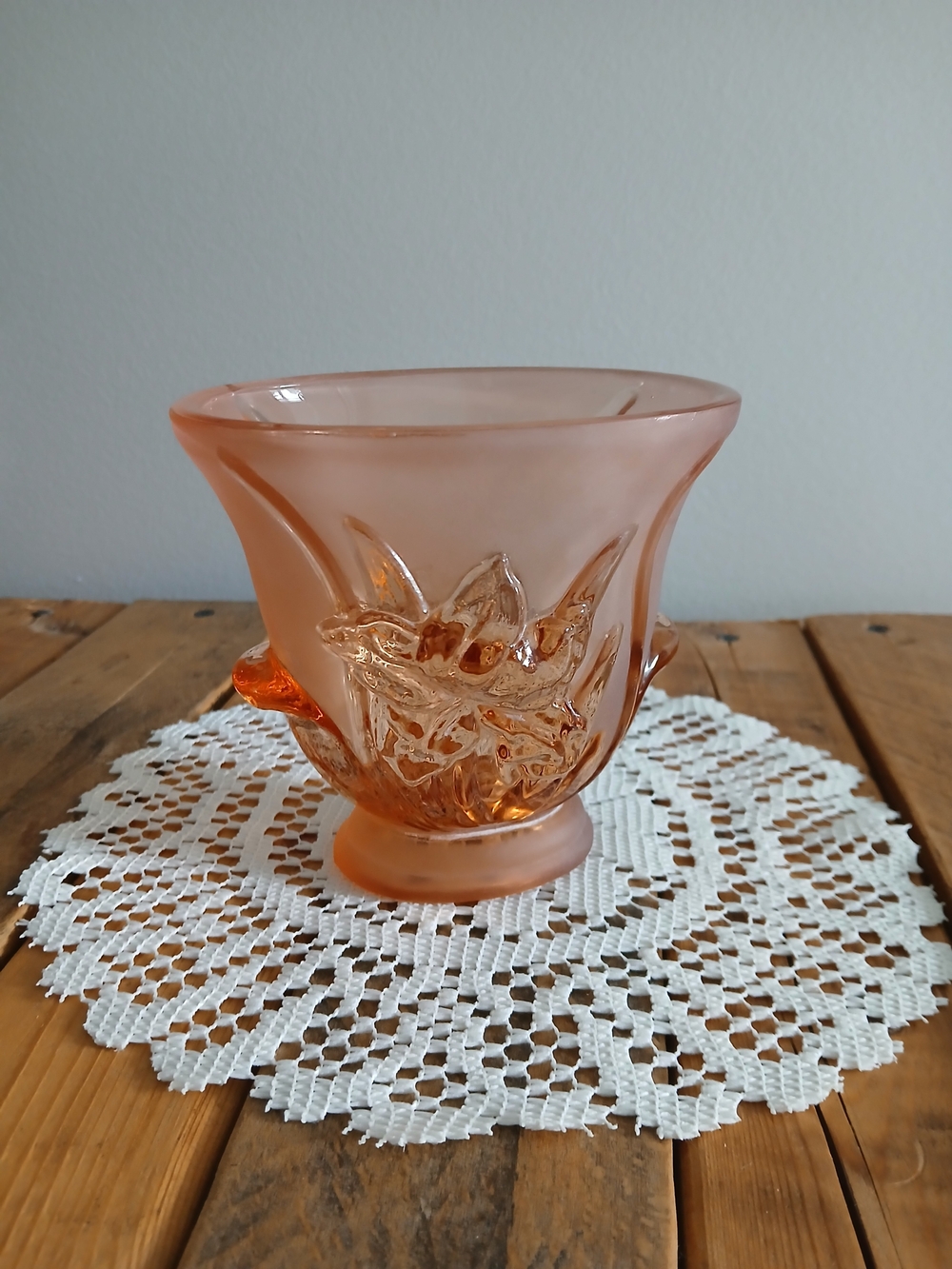 Vintage Art Deco Frosted Pressed Pink Glass Vase (Czech/Bohemian/depression)